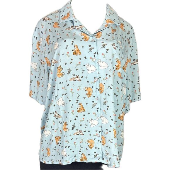 Ed Ellen Degeneres L Cat Floral Print Button Short Sleeve Top-Ankle Pants PJ Set - Picture 2 of 11